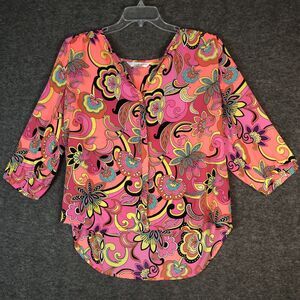 Peter Nygard Blouse Womens 16W Floral Stretch Boho High Low Lightweight V-Neck